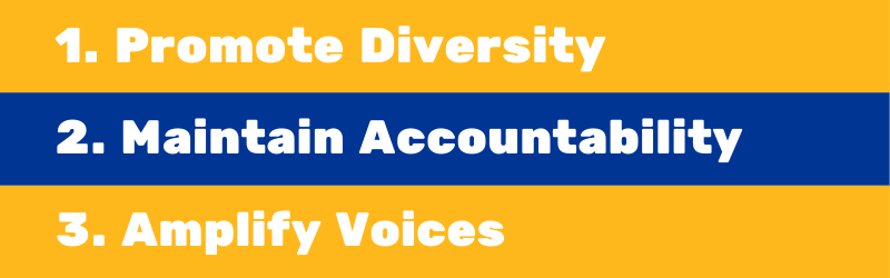 promote diversity, maintain accountability, amplify voices