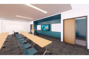 rendering of a classrooms space with tables, chairs and a monitor