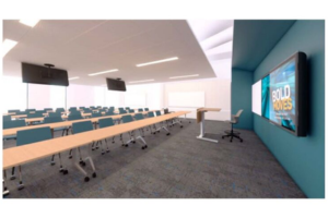 rendering of a classroom space with tables chairs and monitor. subject to change
