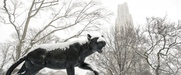 Cathedral and Panther Statue in snow