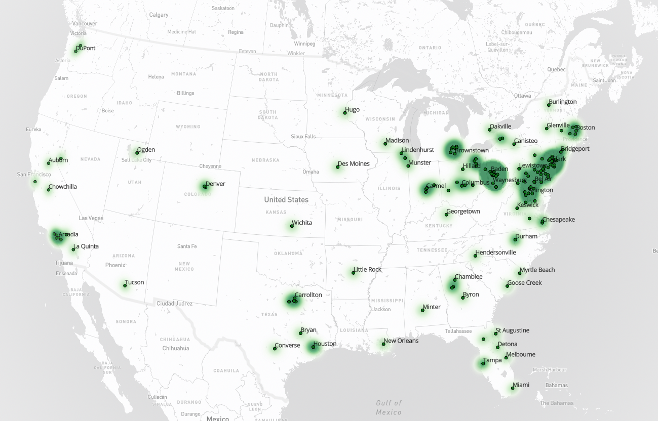 This heatmap shows the home locations of the 2024 and 2025 cohorts and the reach of the Pitt DPT program