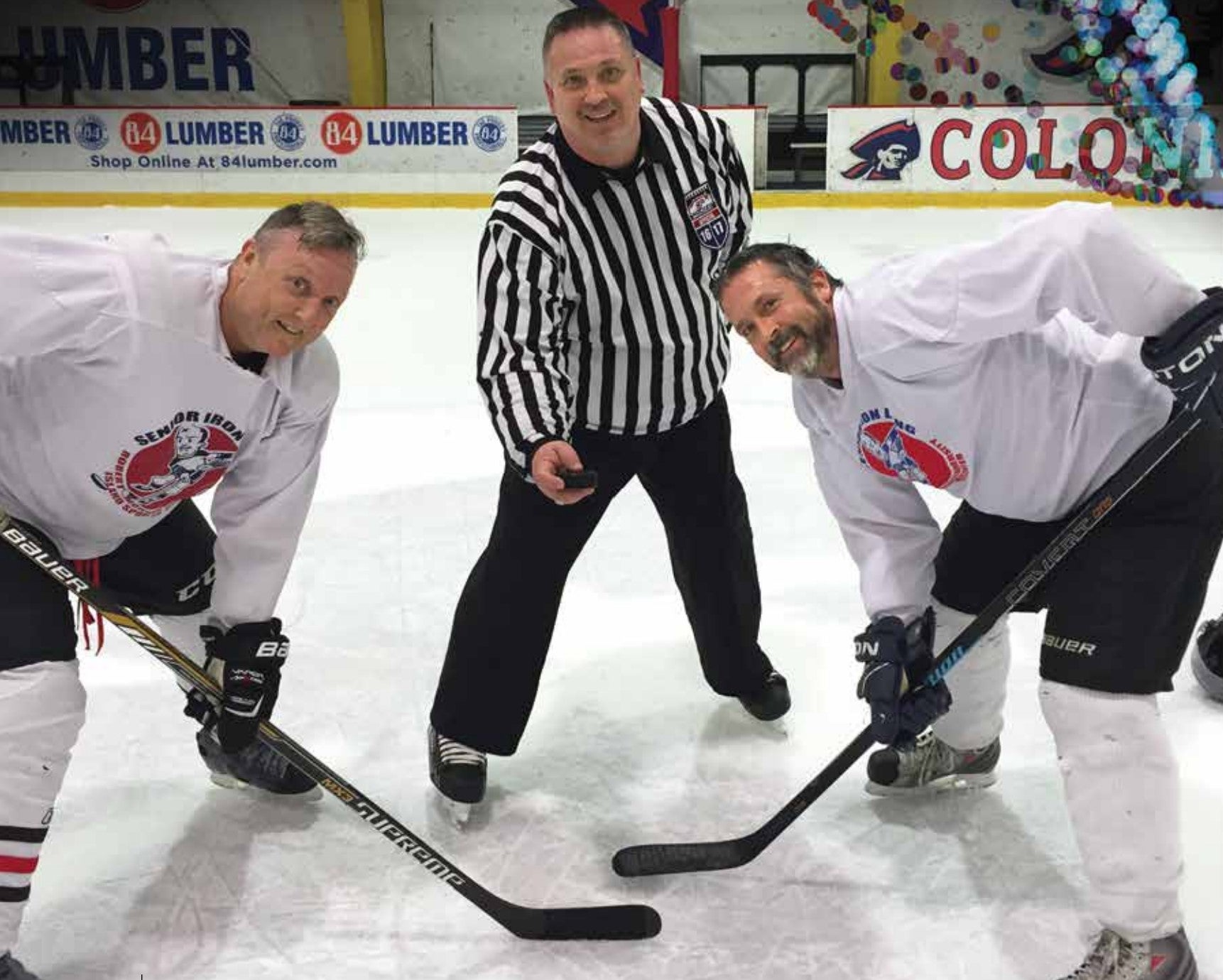 Pictured left to right: Fitzgerald, Department of Community Health Services and Rehabilitation Science Chair and Professor Tom Platt, and Bise on the ice having fun together