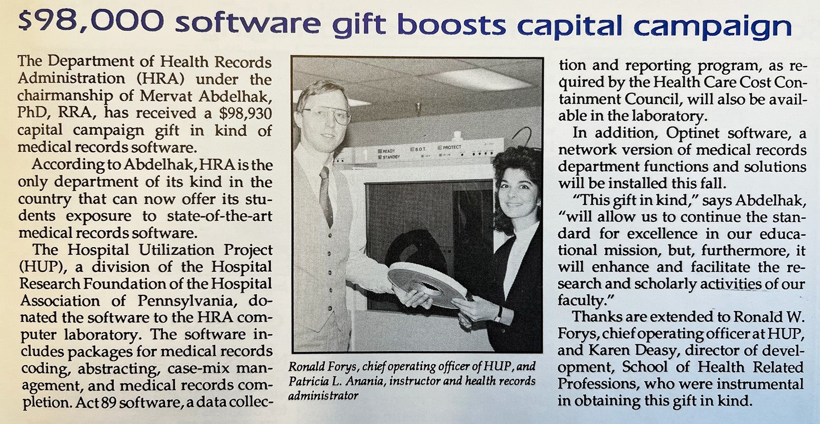 Anania-Firouzan featured in the 1988 School of Health Related Professions (precursor to SHRS) newsletter
