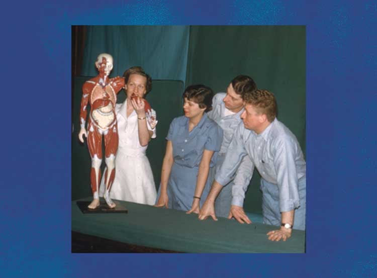 On the left, former D.T. Watson Director and APTA President Mary Elizabeth Kolb teaching anatomy. On the far right is Tom Winner. The other two students are unknown