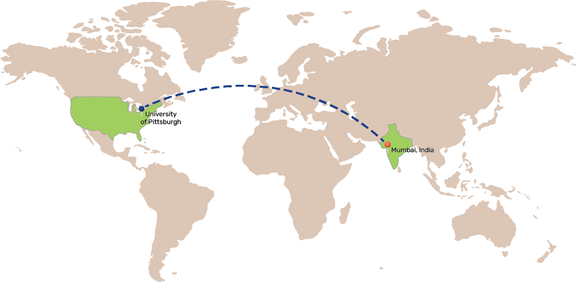 Map showing the University of Pittsburgh and Mumbai, India