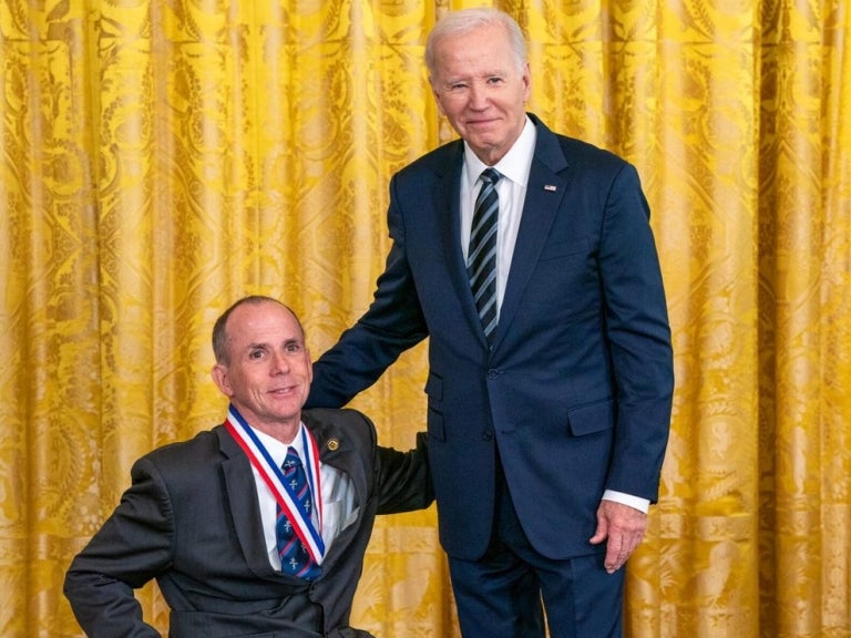 President Biden awards Rory A. Cooper the National Medal of Technology and Innovation during an awards ceremony in the East Room of The White House, Oct. 24, 2023. Photo by Ryan K. Morris