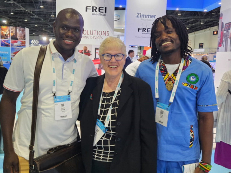 At the World Physiotherapy meeting in Dubai, Whitney (center) met physical therapists Erastus Osewe and Martin Otieno from Kenya