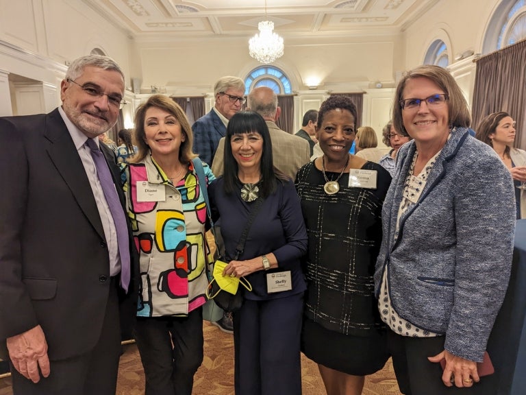 Catherine Palmer (far right) with SHRS Dean Anthony Delitto (far left) and Pitt Communication Science alumnae (center from left to right) Diane Eger, Shelly Chabon and Noma Anderson at the SHRS Distinguished Alumni Awards celebration