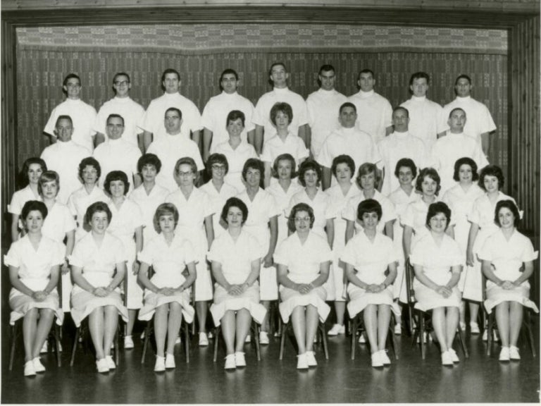 Keith Erb is at the top left of the picture with his classmates in their white clinic uniforms. It was a very different world for physical therapy students back in 1965 at D.T. Watson