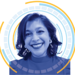 A graphic of a woman's headshot with a blue filter applied and yellow and blue graphic circles framing her portrait