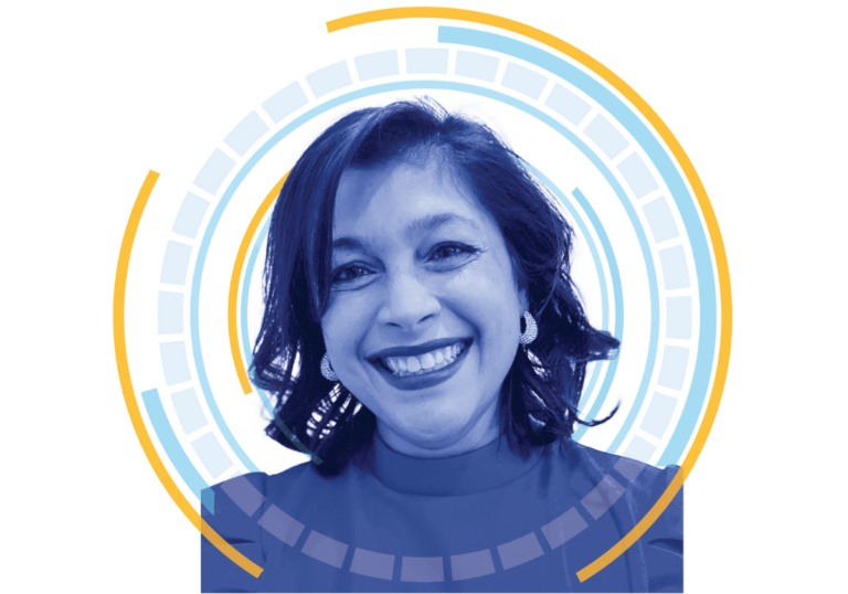 A graphic of a woman's headshot with a blue filter applied and yellow and blue graphic circles framing her portrait