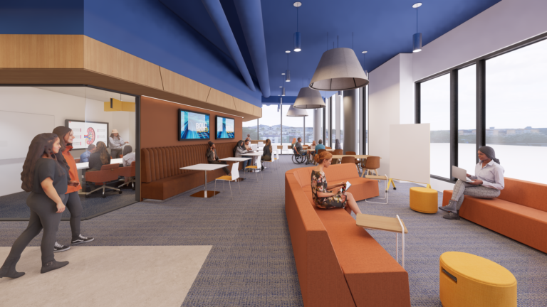 Renderings are subject to change. Rendering of the Student lounge space on an SHRS floor.