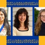 A blue and gold graphic shows portrait photos of three women, one with long dark hair and dark skin, one with medium length dark hair, and one with long curly blonde hair wearing glasses
