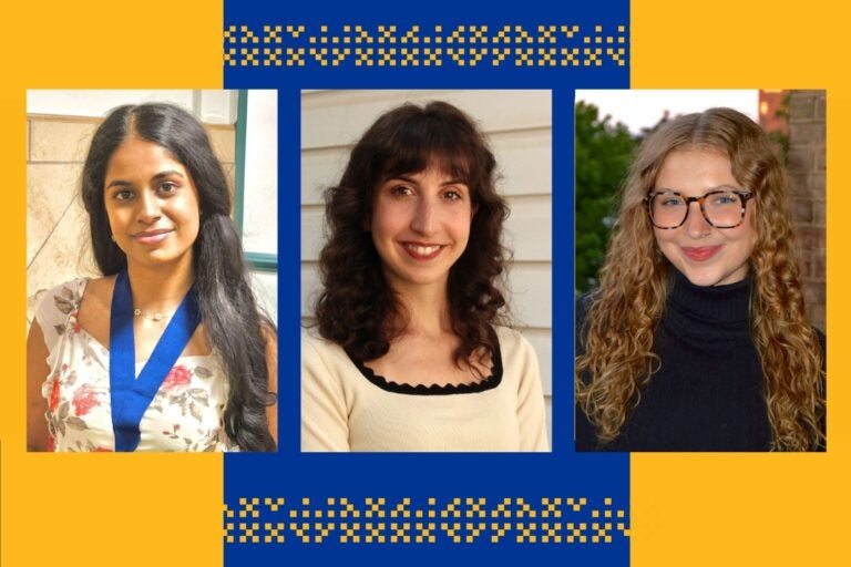 A blue and gold graphic shows portrait photos of three women, one with long dark hair and dark skin, one with medium length dark hair, and one with long curly blonde hair wearing glasses