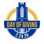 Logo of the cathedral of learning in blue and gold with Day of Giving across the center and the date 2.24.2026
