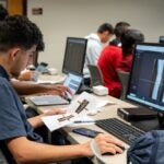 Male student working on a desktop computer with an image of an x-ray image of legs