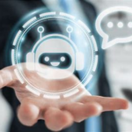A hand reaches out with a graphic of a robot head and bubble caption
