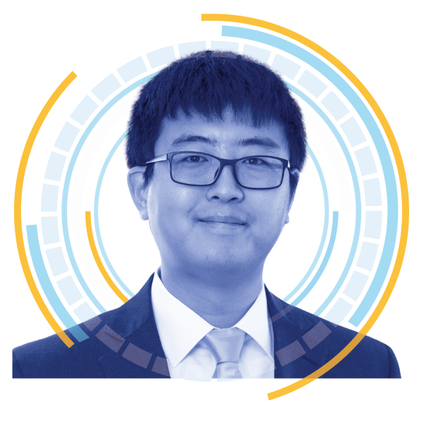 A graphic headshot of an Asian man with short dark hair wearing glasses