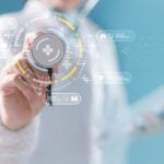 A graphic showing a hand pointing to a dial with health care graphic circling around it