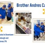 Graphic image with three photos of a man and woman in blue sweatshirts working at a coffee bar. The text reads Brother Andres Cafe, located in downtown Pittsburgh and Bellevue, PA.