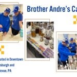 Graphic image with three photos of a man and woman in blue sweatshirts working at a coffee bar. The text reads Brother Andre's Cafe, located in downtown Pittsburgh and Bellevue, PA.