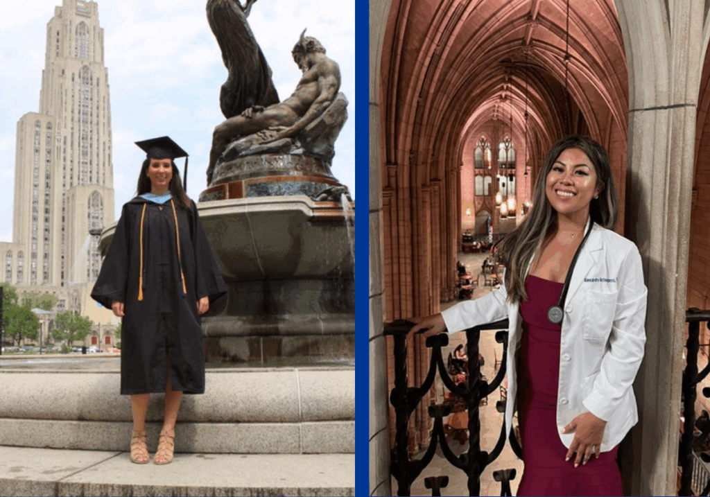 A collage of two women. On the left, a woman with brown hair wearing a black graduation gown and cap and tan shoes standing in front of the Cathedral of Learning and a fountain with statues. On the right, a woman with dark hair with blonde highlights wearing a white lab coat over a maroon dress.