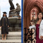 A collage of two women. On the left, a woman with brown hair wearing a black graduation gown and cap and tan shoes standing in front of the Cathedral of Learning and a fountain with statues. On the right, a woman with dark hair with blonde highlights wearing a white lab coat over a maroon dress.