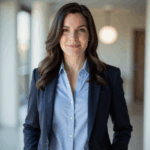 A woman with curled brown hair wearing a dark blue blazer over a light blue buttoned shirt.