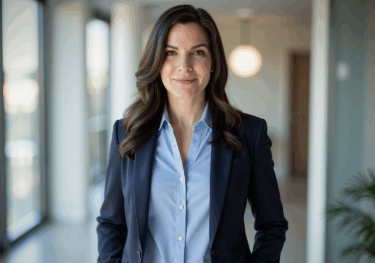 A woman with curled brown hair wearing a dark blue blazer over a light blue buttoned shirt.