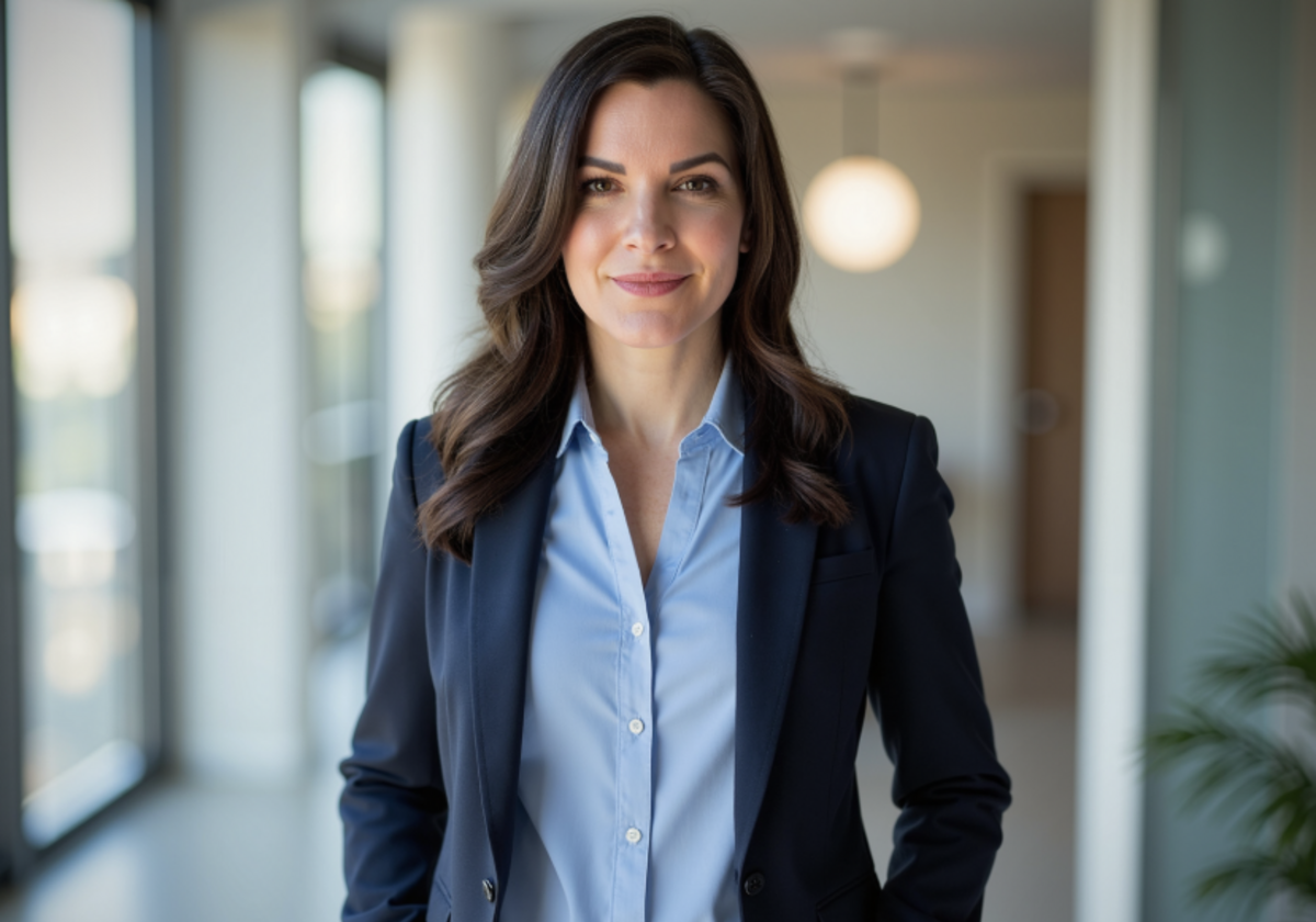 A woman with curled brown hair wearing a dark blue blazer over a light blue buttoned shirt.