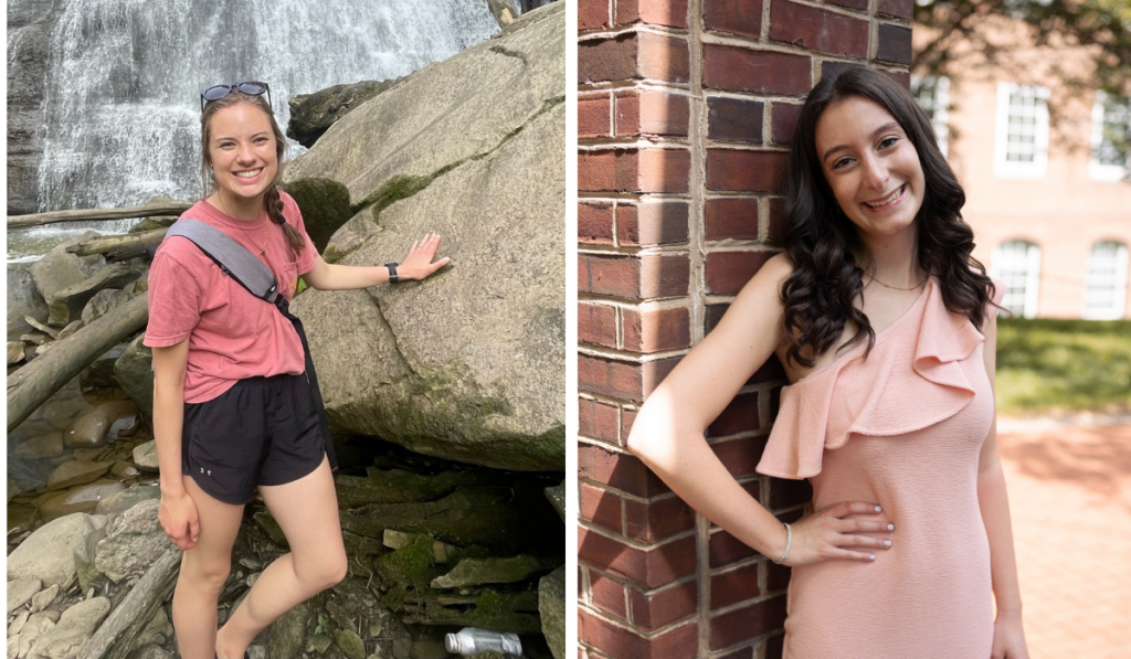 One woman with her hair in a braid wearing a pink shirt and black shorts near a waterfall and another woman with brown hair wearing a peach dress.